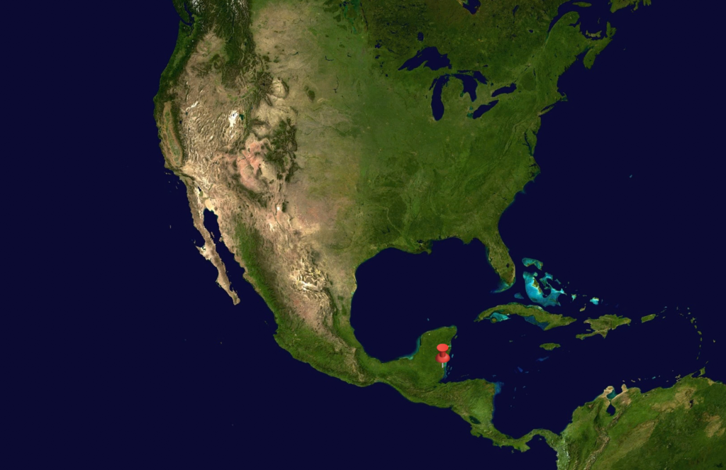 Map of north america with country of belize pinned.